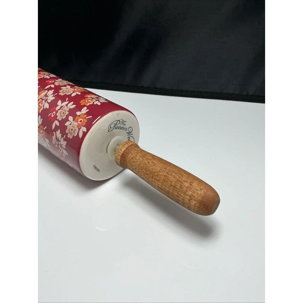 Retired Pioneer Woman Rolling Pin Fall Flowers Burgundy Autumn Harvest Ceramic